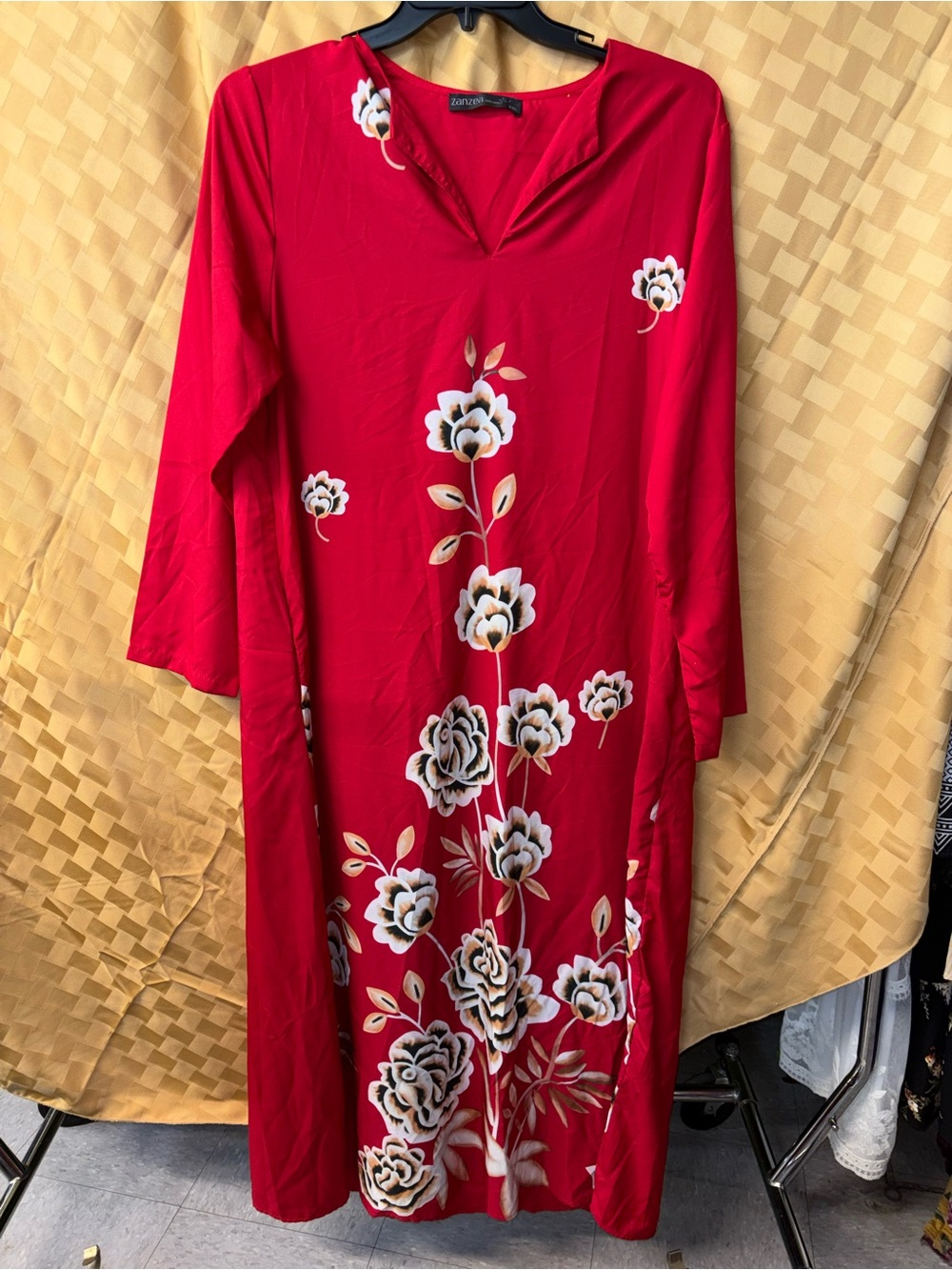 Zanzea Red Maxi Dress with White and Cream Floral Design